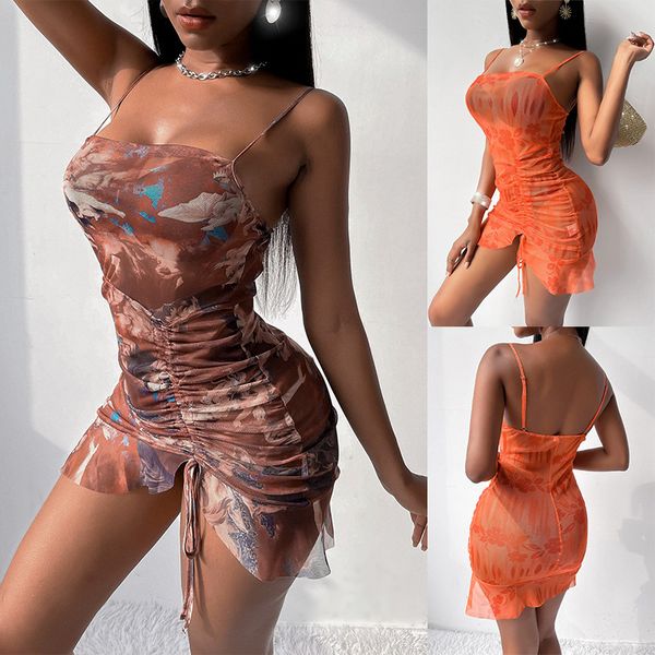 

2021 summer new women's suspender printed buttock dress, Black;gray