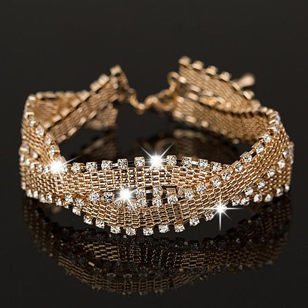 

luxury crystal charm bracelets for women metal chain weaved bracelet bangles bridal wedding jewelry accessories, Golden;silver