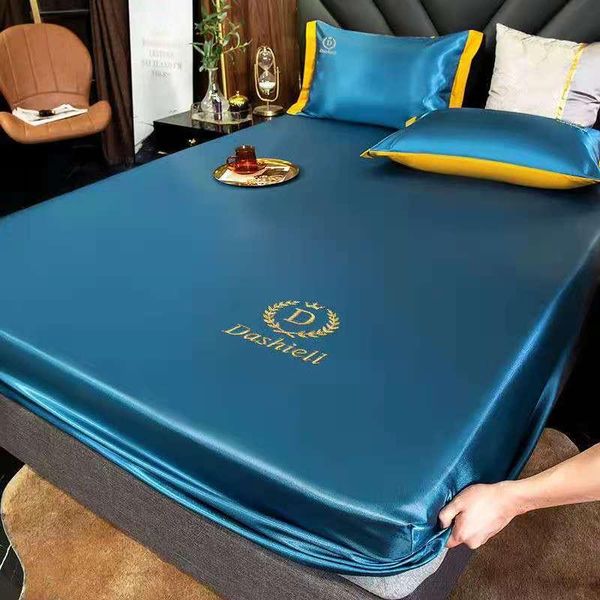 

sheets & sets satin silk fitted sheet solid color mattress cover elastic band bed bedsheet ice 180x220cm machine washable