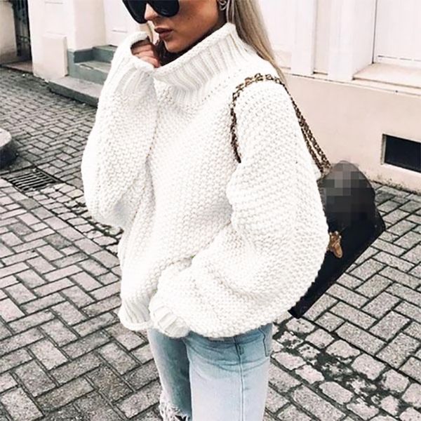 

oversized knitted sweater autumn winter thick line women high collar long sleeve pullovers womens s 46e 210420, White;black