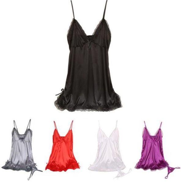 

GsPot Women Sexy Lingerie Set Bow Lace Trim Satin Chemise Babydoll Nightwear G-String Women's pajamas 7 colors 4 sizes., Purple