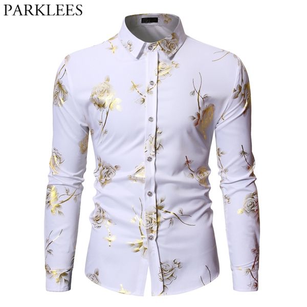 Erkek Altın Gül Çiçek Baskı Gömlek Marka Steampunk Chemise Beyaz Uzun Kollu Düğün Parti Bronzing Camisa Masculina 210721