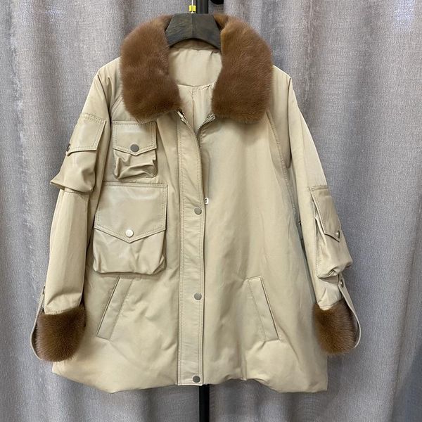 

women's fur & faux luxury women duck down jacket winter coat with natural mink collar cuff loose plus size jackets european style, Black