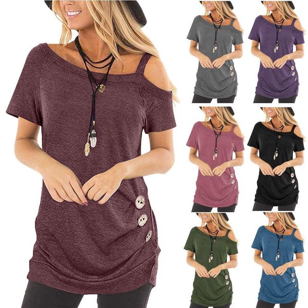 

off shoulder summer womens t shirt short sleeve collar irregular long button plus size clothing, White