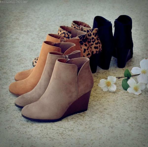 

boots 2021 women autumn wedge shoes round toe ladies leopard fashion mother leather hip, Black