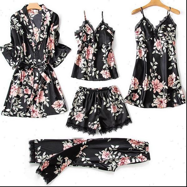 

5 pcs set lace womens sleepwears floral print pajamas suit satin pyjamas nightwear kimono robe soft homewear plus size, Black;red
