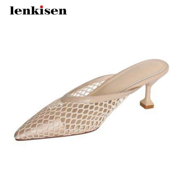 

dress shoes lenkisen office lady air mesh breathable sun protection slip on pointed toe med strange heels mules women summer pumps l01, Black