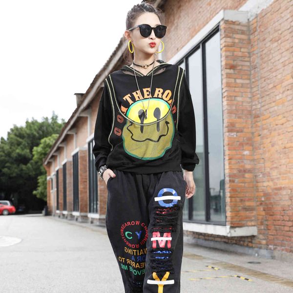 

hoodies loose plus size hoodie women autumn korean version of printed mesh hooded street long-sleeved sweater, Black