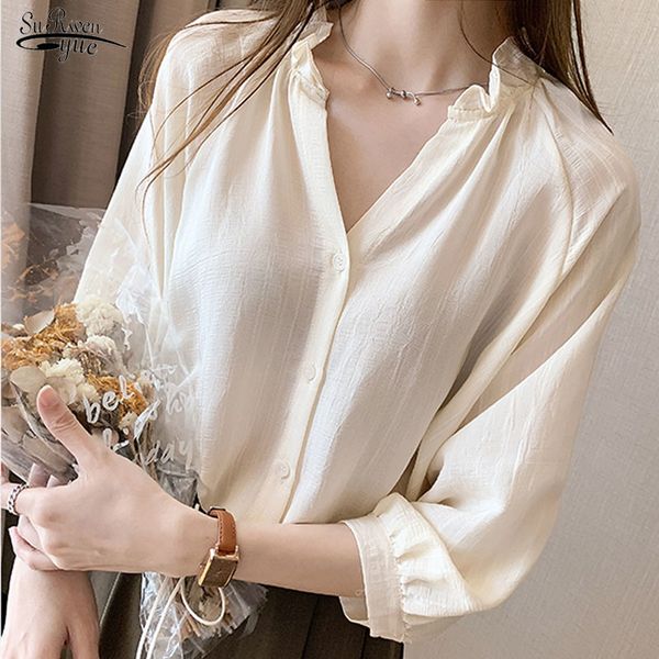 

plus size 4xl women shirts autumn v-neck long sleeve chiffon blouses female clothing office lady blusa 10481 210521, White