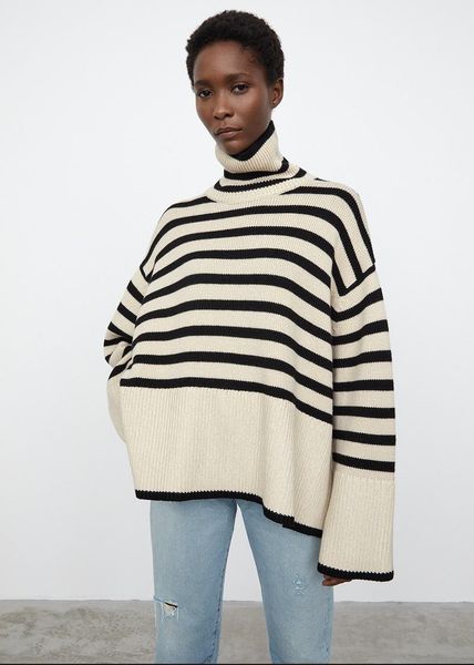 

women's sweaters women sweater 2021 early autumn french retro high neck long sleeve striped wool knit top, White;black