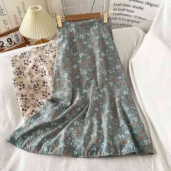

korean version of the high waist spring summer skirt slim mid length a line floral print chiffon skirts ds173, Black