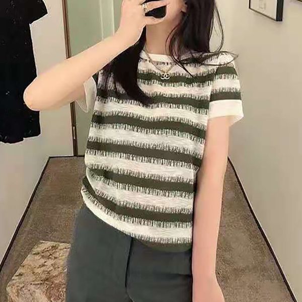 

d family 21 summer new vitality full of bee embroidery tapered stripe round neck loose short sleeve t-shirt, White