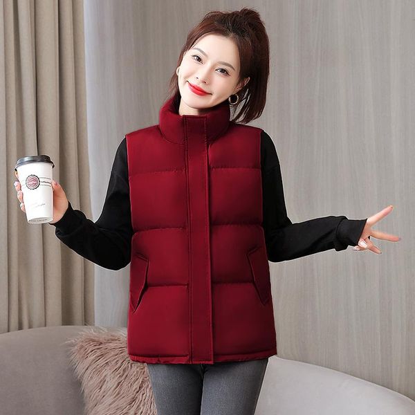 

women's vests women sleeveless winter short vest solid plus size female down cotton padded waistcoat stand collar ladies zipper jacket, Black;white