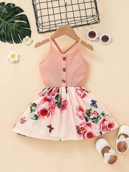 

little girl flower pattern splicing suspender dress she, Red;yellow
