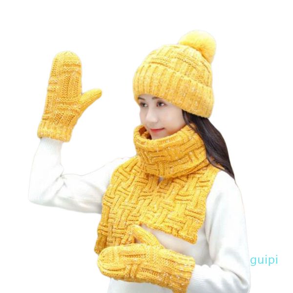 

warm gift winter knit hat scarf gloves 3 pcs woman beanies stripes shawl velvet mittens solid color cap, Blue;gray