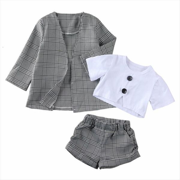 

spring toddler baby girl kids plaid short sleeve shorts coat formal clothes sets, White