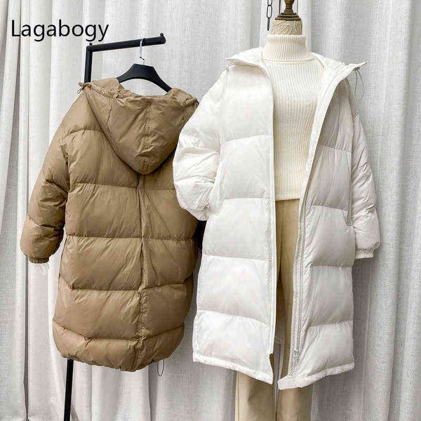 

lagabogy winter hooded long down parka ultra light 90% white duck down coat female loose casual windproof puffer jacket 211130, Black