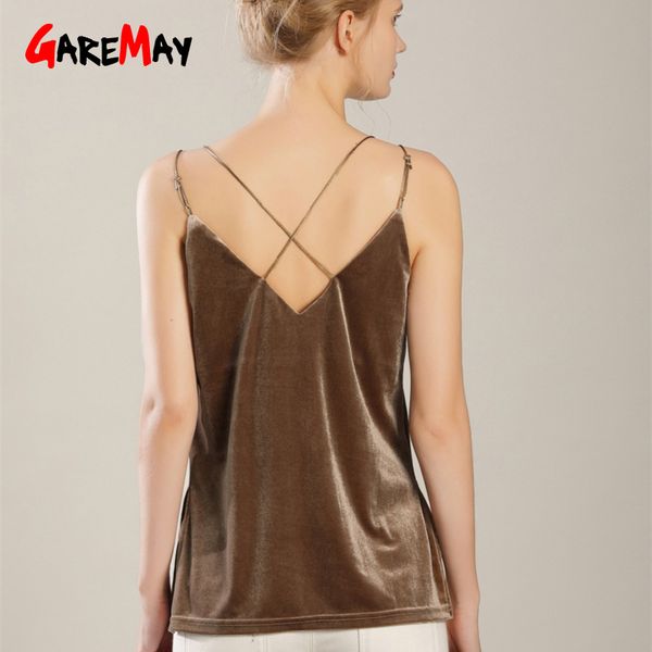 Velluto Cami Top Backless Spaghetti Strap Scollo a V Off The Shoulder Summer Street Style Sexy Women Camisoles Causale 210428