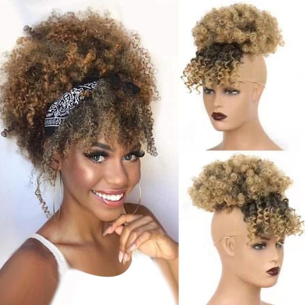 

synthetic wigs afro puff hair bun ponytail drawstring with bangs short kinky curly pineapple pony tail clip in on wrap updo, Black