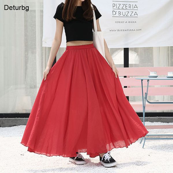 

casual dresses japanese style solid high waist skirt for women ladies maxi skirts elastic 2 layers red linen long saias p1 zbcx, Black;gray