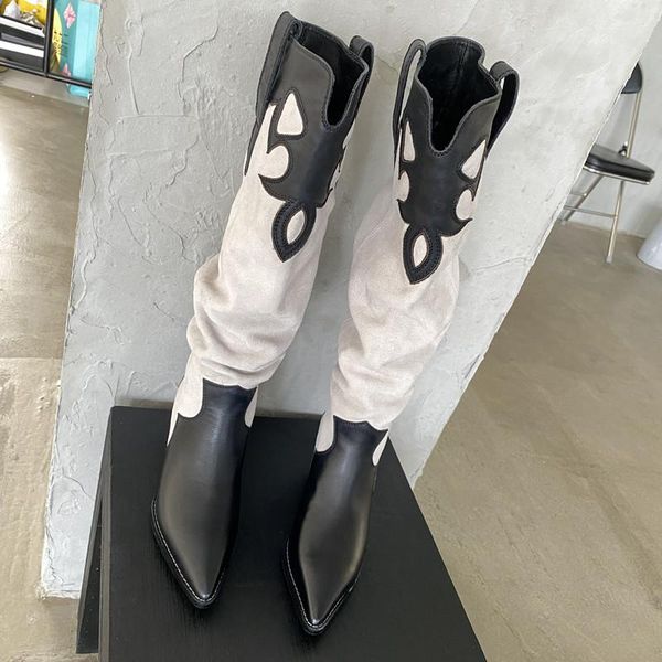 

boots knight boot retro genuine leather motorcycle pointed toe mixed color cowboy print comfortable shoe 2021 women, Black