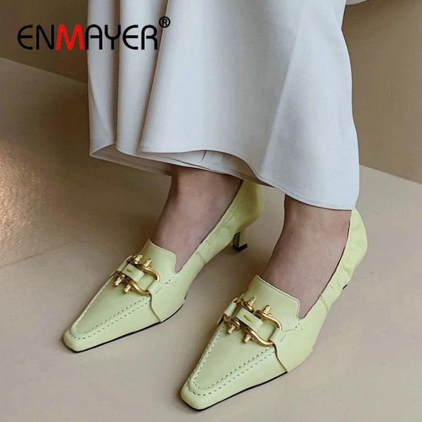

dress shoes enmayer 2021 genuine leather square toe slip-on mules elegant wedding thin heels metal decoration pumps women 34-39, Black