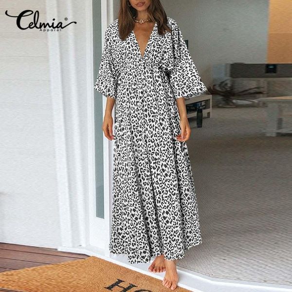 

celmia women fashion high waist maxi dress leopard print v-neck slit sundress summer 3/4 sleeve casual loose vestidos robe dresses, Black;gray