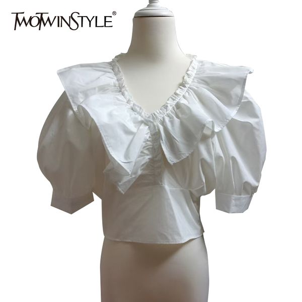

casual white ruched slim shirts for women v neck puff short sleeve elegant ruffle blouses female summer stylish 210524