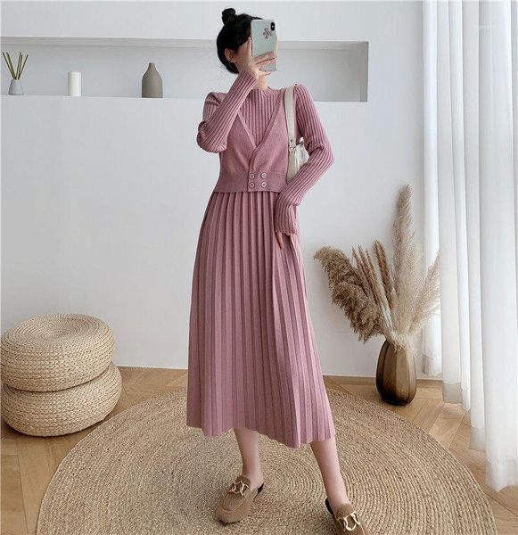 

casual dresses mid-length pleated knitted dress women's black long sweater autumn and winter pullovers shirt fashion korean fake two pi, Black;gray