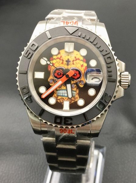

wristwatches japanese movement nh35 watch skull luminous dial sapphire mirror automatic mechanical men's steel band, Slivery;brown