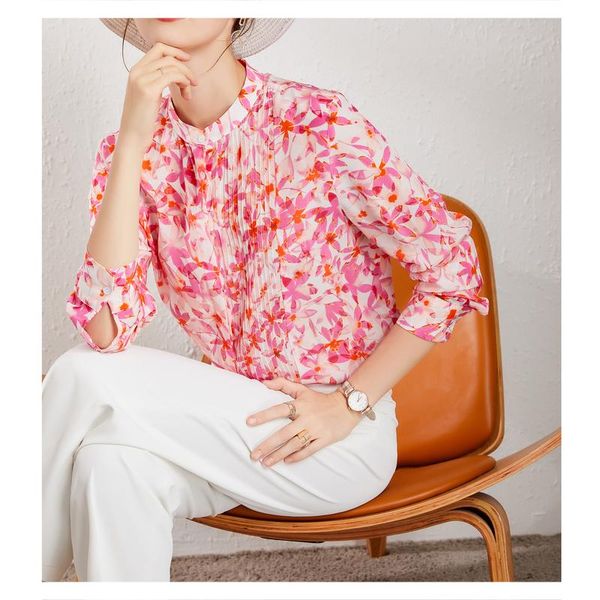 

women's polos pink floral silk printed long sleeve shirt design spring top, White