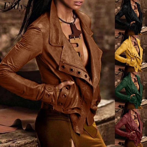 

vintage brown outerwear women autumn winter faux leather jackets zipper basic coat turn-down collar motor biker jacket women's, Black;brown