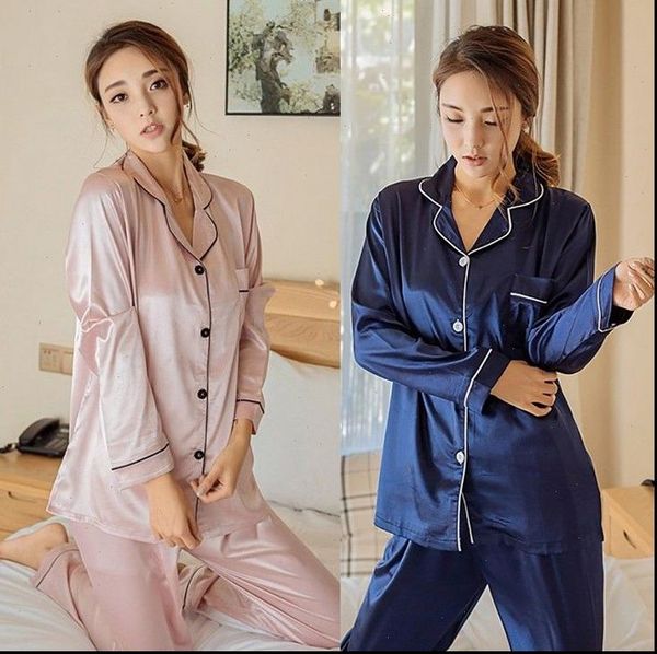 

spring autumn loose silk satin women sleepwear pajamas set striped and long pant two piece sets, Black;red