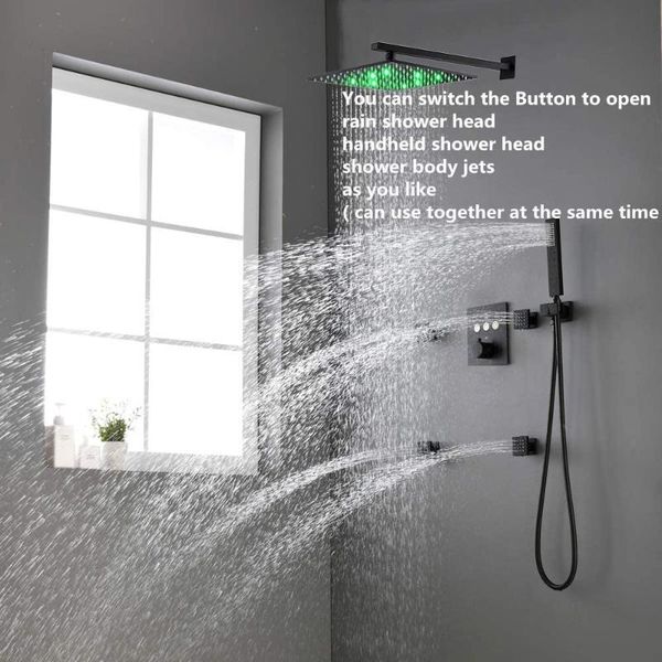 

thermostatic black shower system 12 inch brass led rain head with 4 pcs body sprays handheld mixer set bathroom sets
