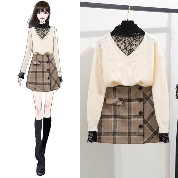 

two piece dress 2021 autumn winter women casual lace patchwork knitted sweater pullovers 2pcs set + wool pocket trims button plaid skirt, White