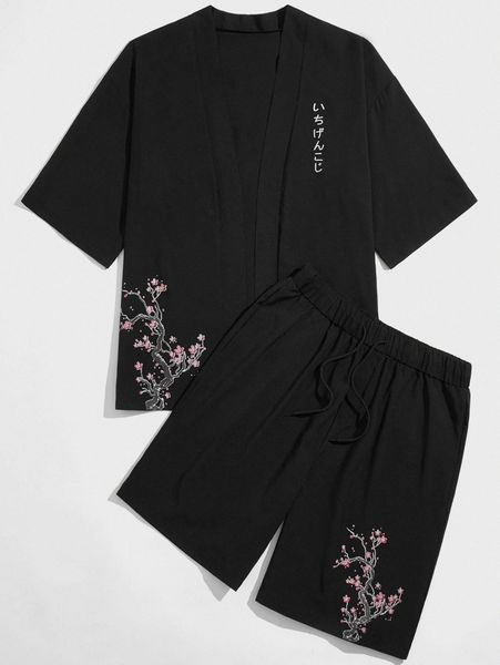 

men floral & japanese letter graphic kimono & drawstring waist shorts e1n8#, Gray