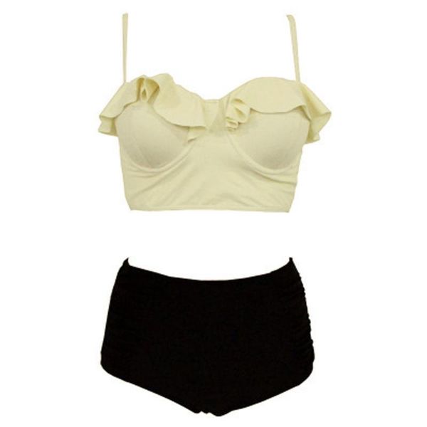 

women's swimwear 2021 s style women bikini two-piece padded push up beige solid ruffles halter swimsuit bathing beachwear for pool, White;black