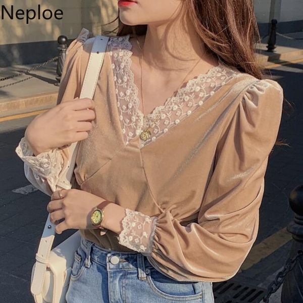 

neploe vintage fashion blouse women v-neck lantern sleeve velvet shirts lace patchwork blusas temperament blouse female 210422, White