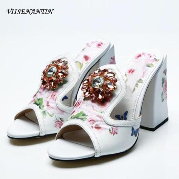 

slippers white flower printing high heel slipper shoe chunky high-heeled rhinestone buckle peep toe outdoor luxury slides summer, Black