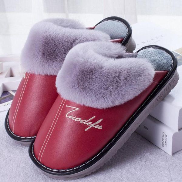 

women plush synthetic leather home slippers winter furry warm indoor floor shoes woman thick heel outdoor, Black