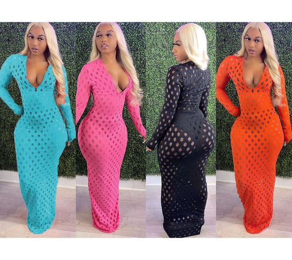 

women's fashion deep zipper hollowed out mesh dress long, Black;gray