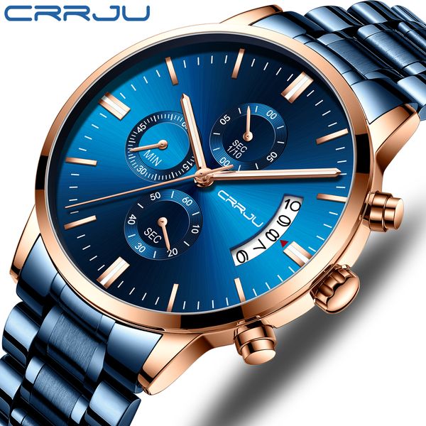 

crrju blue mens watches with stainless steel brand luxury men sports chronograph quartz watches clock relogio masculinog, Slivery;brown