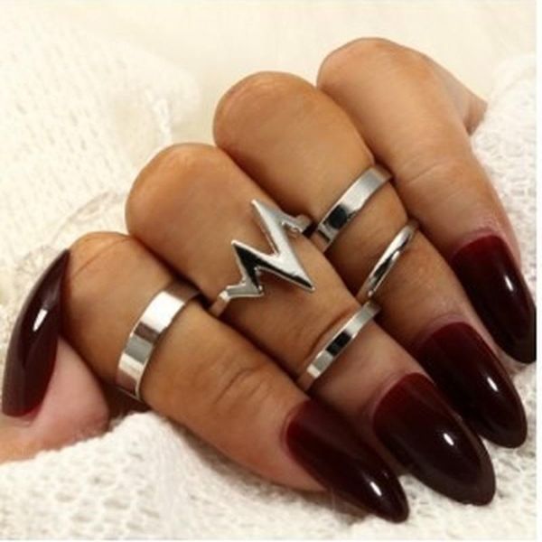 

wedding rings 5 pcs/set korean fashion 2021 trend bohemian personality electrocardiogram ring for women grunge jewelry wholesale, Slivery;golden
