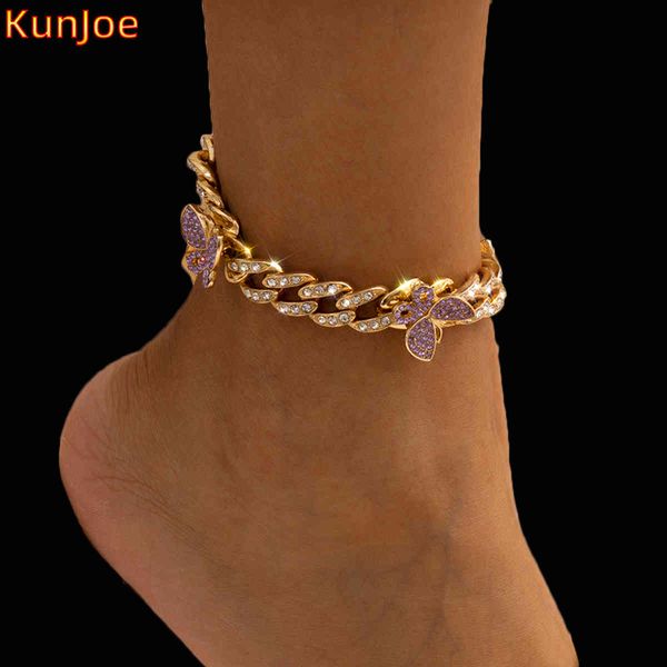 KunJoe Punk Iced Out Schmetterling Luxus Gold Farbe Kubanischen Kette Fußkettchen Armband Strand Barfuß Frauen Hip Hop Schmuck