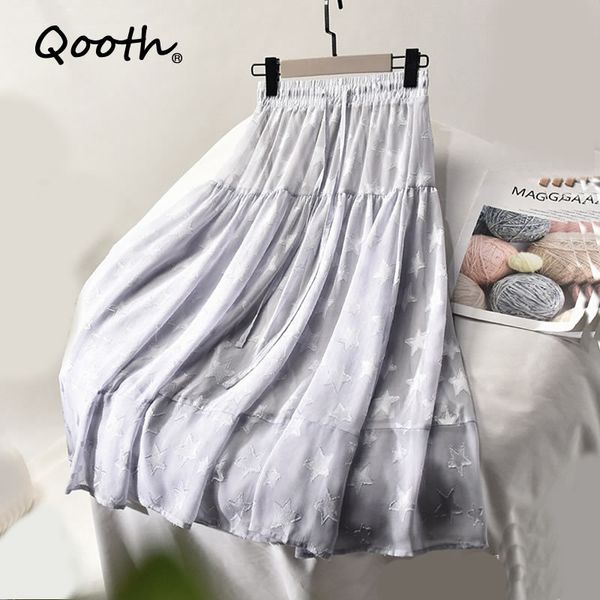 

qooth women summer casual skirt elastic waist big hem solid jacquard star chiffon ankle length skirts with lining qt057 210518, Black
