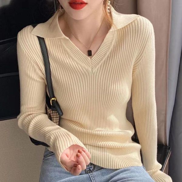 

women's sweaters korean style turn-down collar knitted sweater pullovers women 2021 autumn winter long sleeve slim soft solid femme, White;black