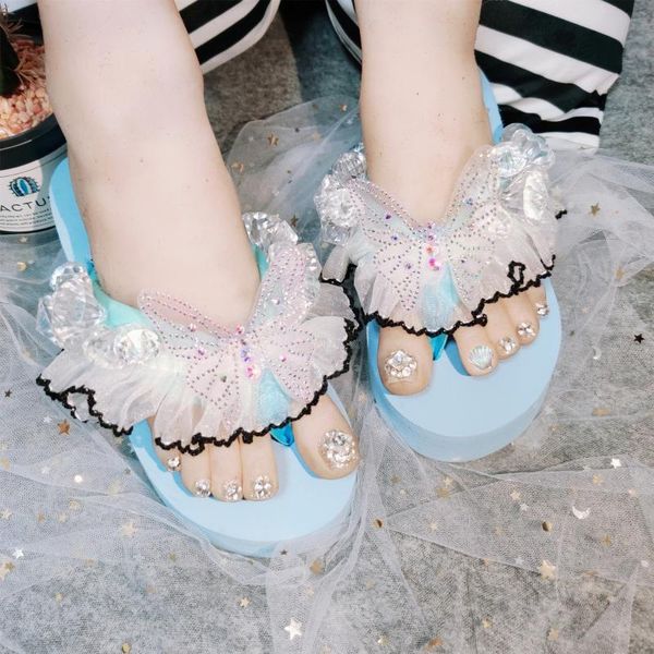 

cool summer sponge cake bottom non-slip clip toe flip flops handmade transparent crystal soft sister lace butterfly slippers, Black