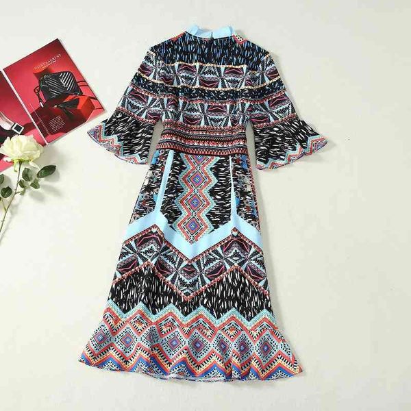

dress vintage retro summer clothing women geometric print flare sleeve mid-calf length casual party club dress, Black;gray