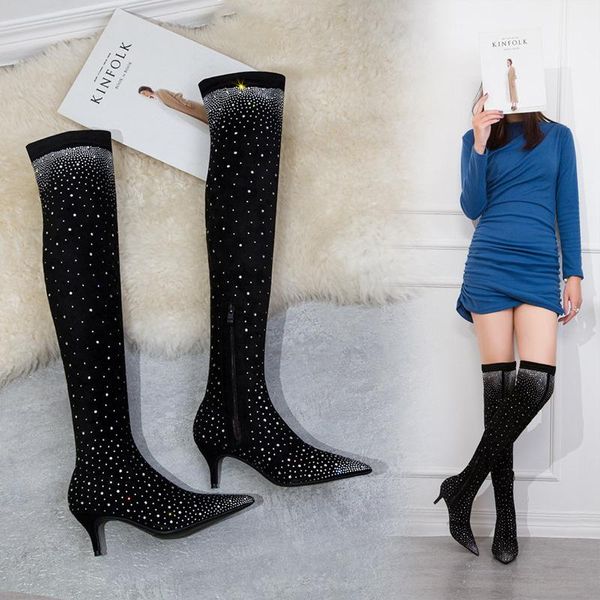 

boots 183-2 simple winter thin heel high suede pointed plush knee, Black