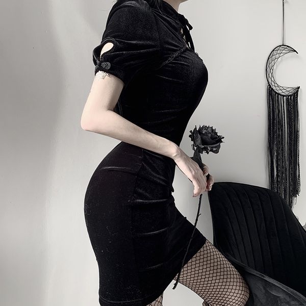 

luxury casual dresses dark department hollow out improved cheongsam women's spring slim high waist suede short drs fashion, Black;gray